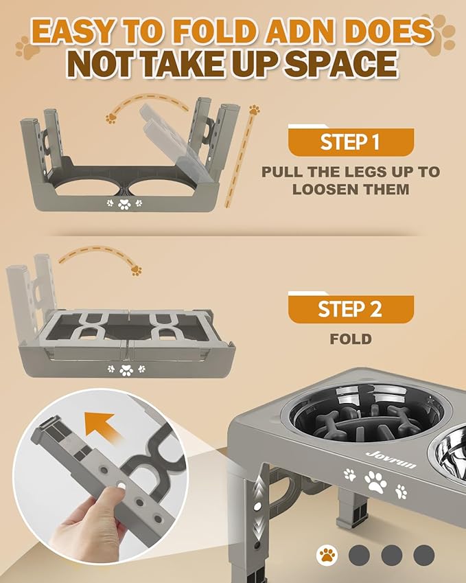 Jovrun Elevated Dog Bowls for Medium Large Size Dogs, Non-Slip Dog Feeder with 1*Stainless Steel Dishes & 1*Slow Feeder Bowl, 5 Heights Adjustable Raised Bowls to 3.15″-8.66″-9.84″-11.02″-12.2″