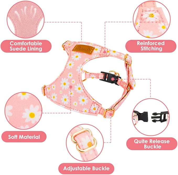 Lukovee Puppy Harness and Leash Set, No Pull Lightweight Soft Suede Adjustable Pet Harness Vest with Snap Buckle for Puppy Small and Medium Size Dog (Pink-XS)