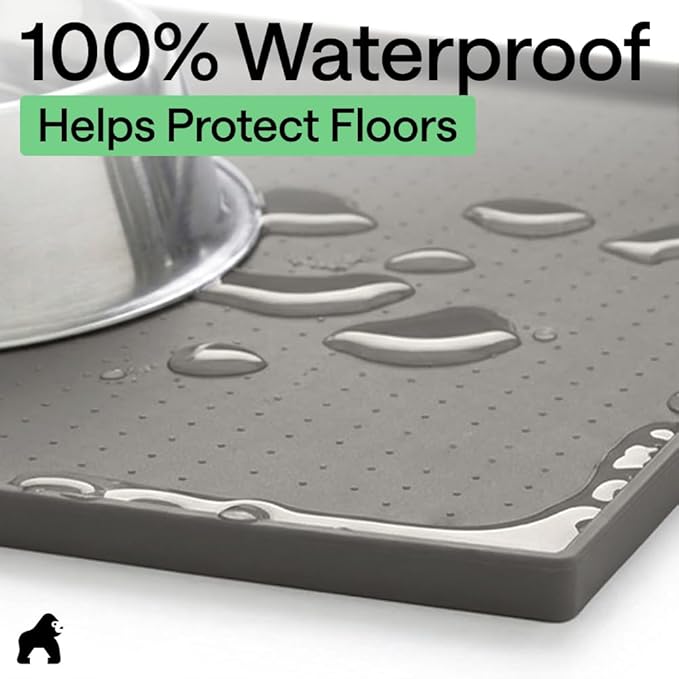GORILLA GRIP 100% Waterproof Raised Edge BPA Free Silicone Pet Feeding Mat, Dog Cat Food Mats Contain Spills Protects Floors, Placemats for Cats and Dogs Water Bowl, Pets Accessories 28x18 Gray