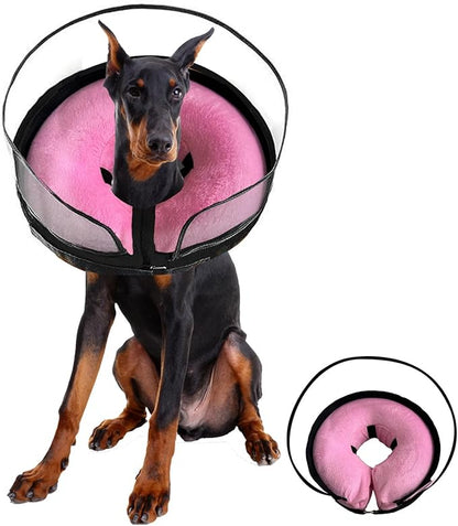 Inflatable Dog Cone Collar-Enhanced Anti-Licking Protective Cone with Adjustable Strap-Soft Dog Donut Collar Recovery Cone for Pets After Surgery(Pink, L)
