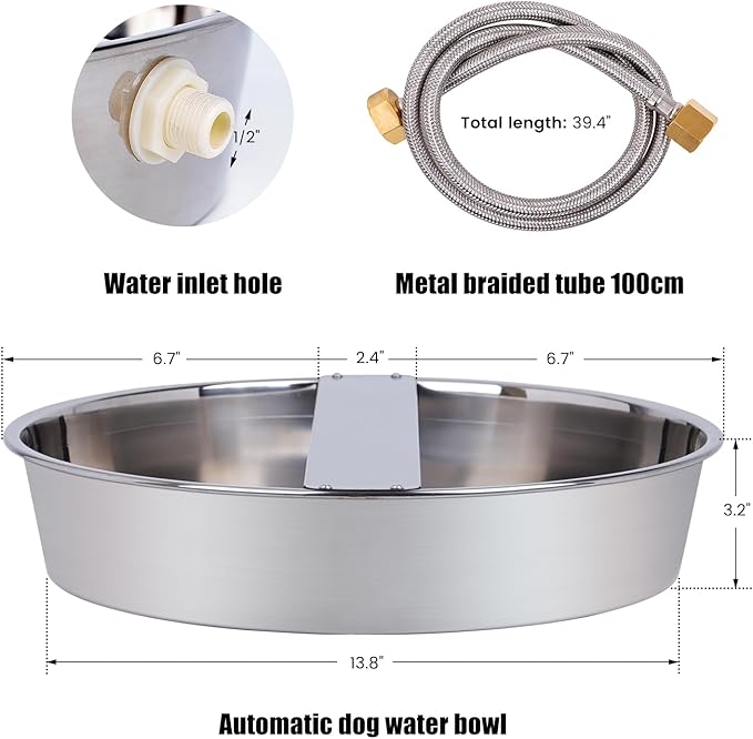 Automatic Dog Water Bowl Dispenser Large Breed Outdoor Stainless Steel Pet Waterer with Float Valve Auto Fill Dog Waterer for Large Dogs Cats Chicken Livestock