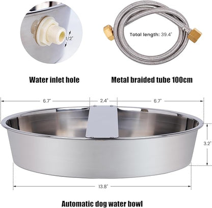 Automatic Dog Water Bowl Dispenser Large Breed Outdoor Stainless Steel Pet Waterer with Float Valve Auto Fill Dog Waterer for Large Dogs Cats Chicken Livestock