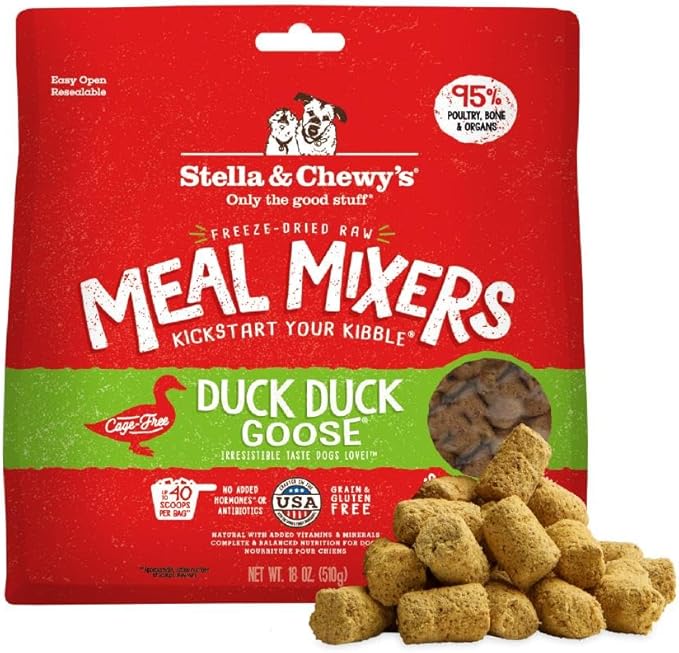 Stella & Chewy's Freeze-Dried Raw Duck Duck Goose Meal Mixers - Dog Food Topper and Mixer - Made with 95% Cage-Free Poultry, Organs & Bone - Perfect for Picky Eaters - Grain-Free - 18 oz
