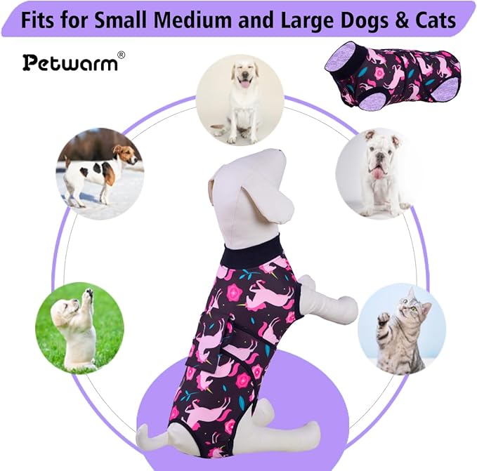 PetWarm Recovery Suit for Dogs, Dog After Surgery Onesie, Spay and Neuter, Prevents Licking Cotton Protect Dog Abdominal, E-Collar Alternative, Unicorn Pattern, Black, M