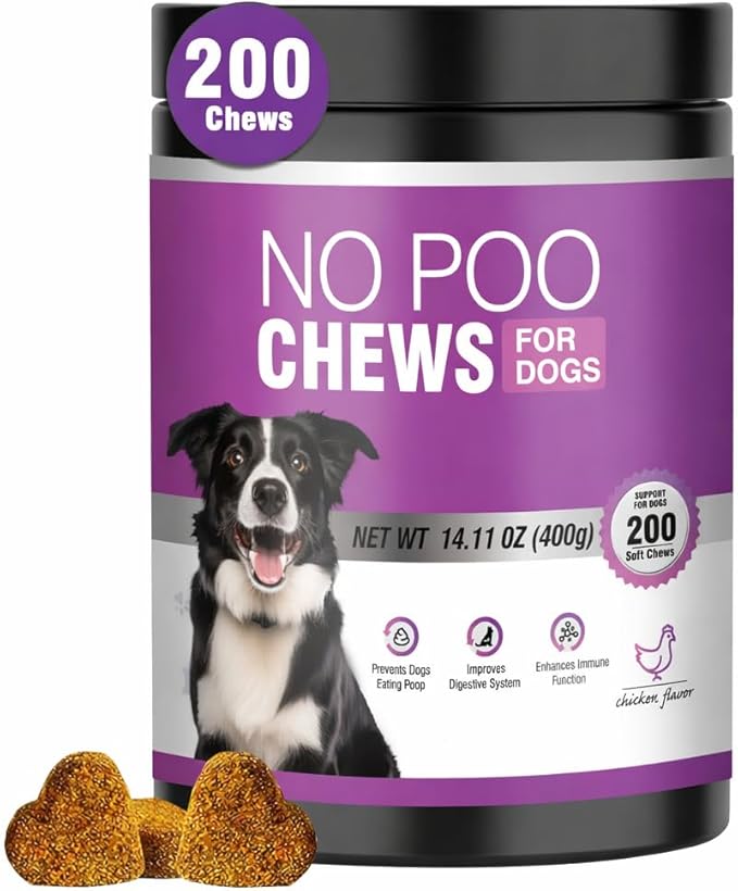 Prevent Stop Dogs from Eating Poop Supplement with Digestive Enzymes&Probiotics-No Poop Eating Deterrent for Dog-200 Chews No Poo Chews-Coprophagia Deterrent for Dogs