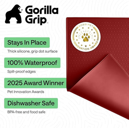 GORILLA GRIP 100% Waterproof Raised Edge BPA Free Silicone Pet Feeding Mat, Dog Cat Food Mats Contain Spills Protects Floors, Placemats for Cats and Dogs Water Bowl, Pets Accessories 32x24 Red
