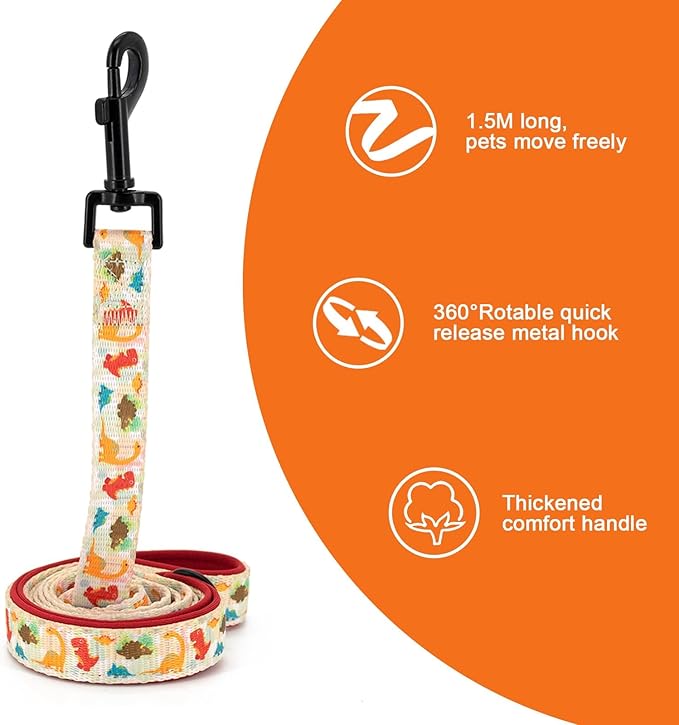 Adjustable Dog Harness and Leash Set for Girl Air Mesh Dog Vest Harness 5Ft Pet Training Leash with Soft Handle Pet Escape Proof for Small Medium Large Dogs (Dinosaur, S)