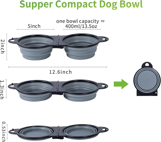 SLSON Collapsible Dog Dual Bowls Reinforced Rim 180 Degrees Flip Over Foldable Double Bowl with Lock Clips More Stable Dog Travel Bowls Pet Food Water Feeder (Cold Grey)