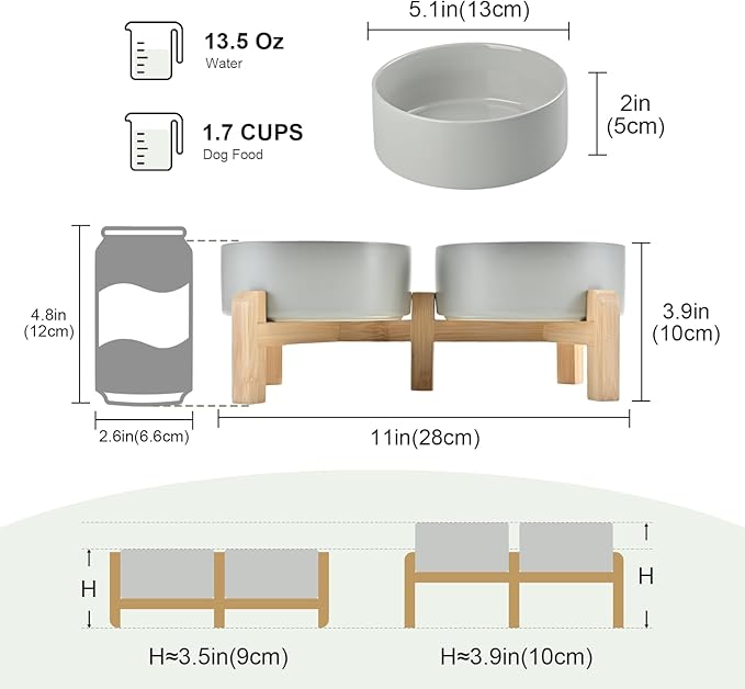 SPUNKYJUNKY Elevated Dog Bowls Ceramic, 5.1'' Dogs and Cat Food Water Bowls Raised with Non-Slip Bamboo Stand for Puppy Small Sized Breed Microwave Dishwasher Safe - 13.5 OZ,Grey