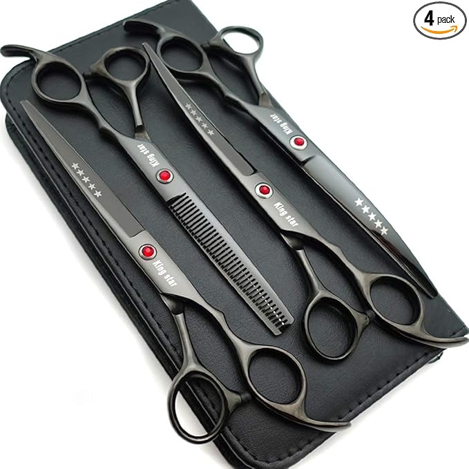 7.0in Titanium Professional dog Grooming Scissors set,Straight & Thinning & Curved scissors 4pcs set for Dog grooming (Bright black)