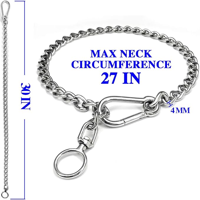 Dog Chain Collars 304 Stainless Steel Metal Chew Proof Dog Necklace Anti Winding Dog Leash Extension Lead for Small Medium Large Dogs Training and Walking. (X-Large：30in x 4mm(Neck max 27in))