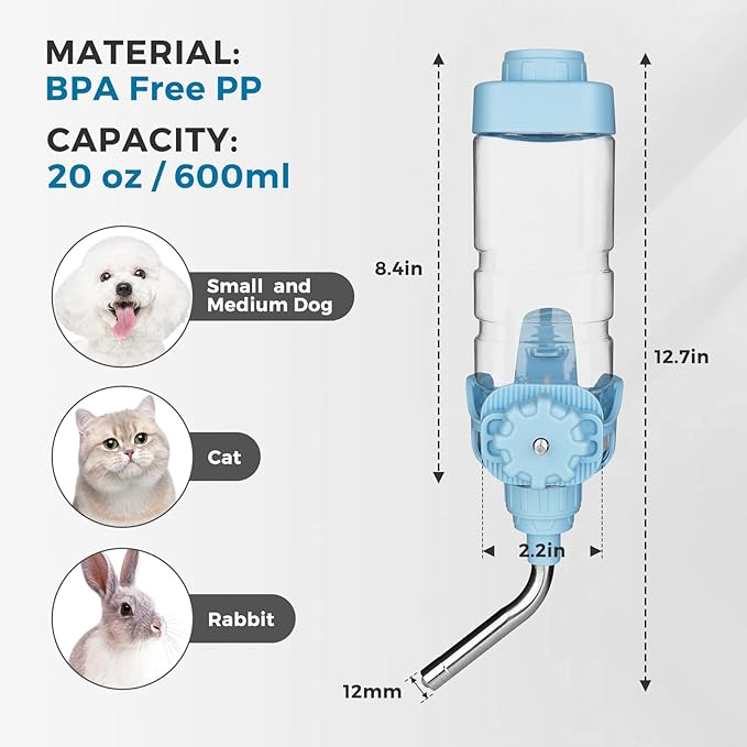 Vannon Dog Water Dispenser for Cage, 20oz Auto Feeding Crate Water Bottle for Dogs, Cats & Rabbits, Pet Nozzle Diameter: 12mm, BPA Free, Blue