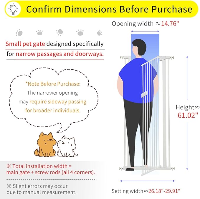 Lumizone Extra Tall Cat Gate 61.02" High Pressure Mounted Extra Wide 2025 New (17 Sizes) 1.37" Gap No Drilling Auto-Close One-Handed Operation Tall Pet Gate for Dogs(White, 61.02" H x 26.18"-29.91" W)