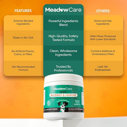 Allergies & Immune Support for Dogs | Canine Seasonal Allergy Relief & Healthy Immune System Support | Packed with Probiotics and Turmeric | 60 Soft Chews180 g (6.35 oz) | Meadowcare