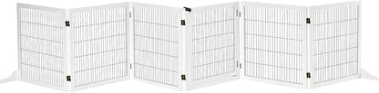 Wooden Dog Gate, 170" Freestanding Pet Gate, 6-Panel Foldable Dog Safety Barrier with 2 Support Feet for House Doorway Stairs, Small and Medium Dogs, White