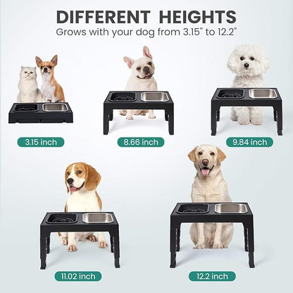 Niubya Elevated Dog Bowls, with Slow Feeder Bowl and Stainless Steel Dog Food Bowl, Raised Dog Bowls Adjusts to 5 Heights (3.15", 8.66", 9.84",11.02", 12.2") for Small Medium and Large Dogs