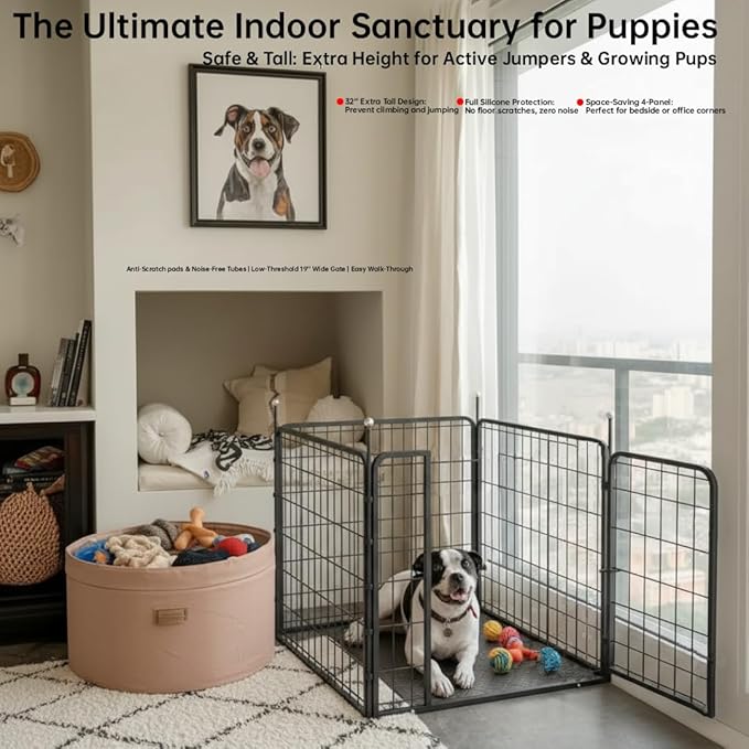 Portable Dog Crates & Playpen, 32'' Metal Pet Pen for Small/Medium Dogs, Indoor/Outdoor, Easy-Carry Straps, Rustproof, One Door