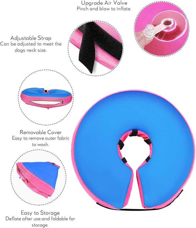 MIDOG Soft Inflatable Dog Cone, Donut E-Collar Alternative for After Surgery, Prevents Licking, Allowing Normal Eating & Vision,Comfortable Recovery Collar for Small Medium Large Dogs&Cats,PinkBlue-L+