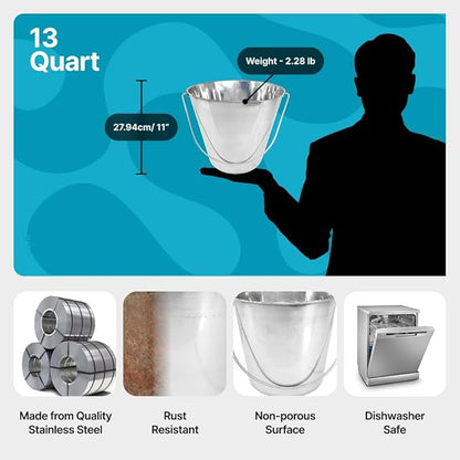Heavy Duty Stainless Steel Bucket 13 Quart - 3 Gallon Flat Side Metal Bucket for Feeding & Watering Pets, Livestock & Cleaning - Perfect for Crates, Kennels, Cages & Hang on Fences