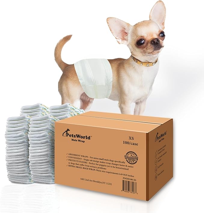 PetsWorld Dog Diapers Male X-Small 600 Count Disposable Male Dog Wraps – Super Absorbent Belly Bands with Wetness Indicator, Fur-Friendly Adjustable Fit for Incontinence & Training (Waist 8–10.5 in)