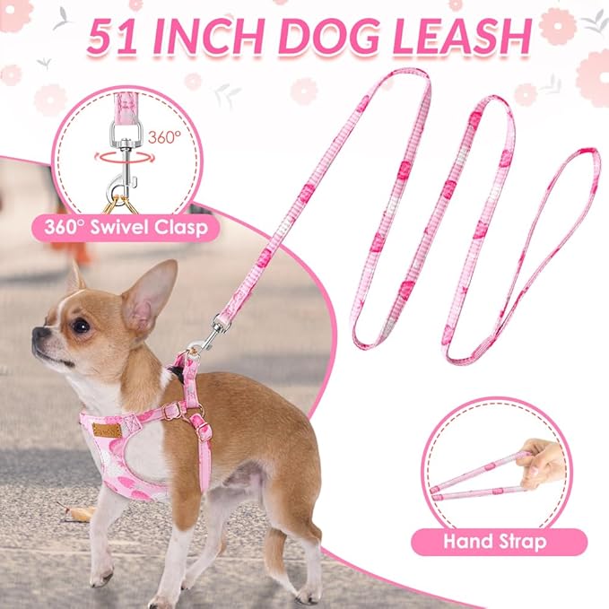 Lukovee Puppy Harness and Leash Set, No Pull Lightweight Soft Suede Adjustable Pet Harness Vest with Snap Buckle for Puppy Small and Medium Size Dog (Pink Strawberry, S)
