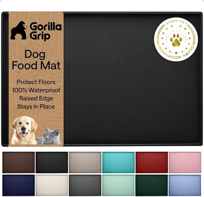 GORILLA GRIP 100% Waterproof Raised Edge BPA Free Silicone Pet Feeding Mat, Dog Cat Food Mats Contain Spills Protects Floors, Placemats for Cats and Dogs Water Bowl, Pets Accessories 16x10, Black