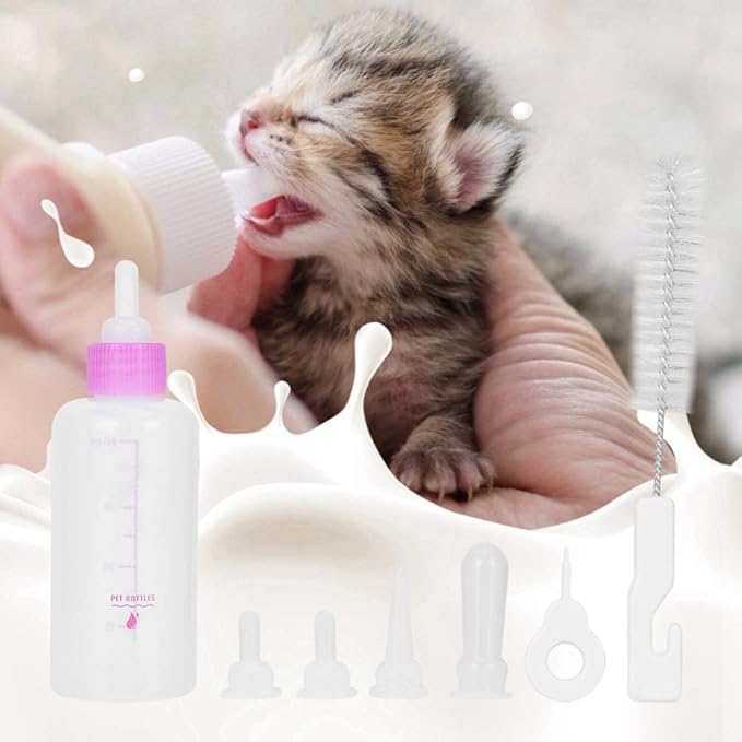 6PCS Set Pet Puppy Kitten Feeding Bottle, Small Dog Cat Milk Nursing Care Kit Liquid Feeding Supplies 60ml with Replacement Nipples