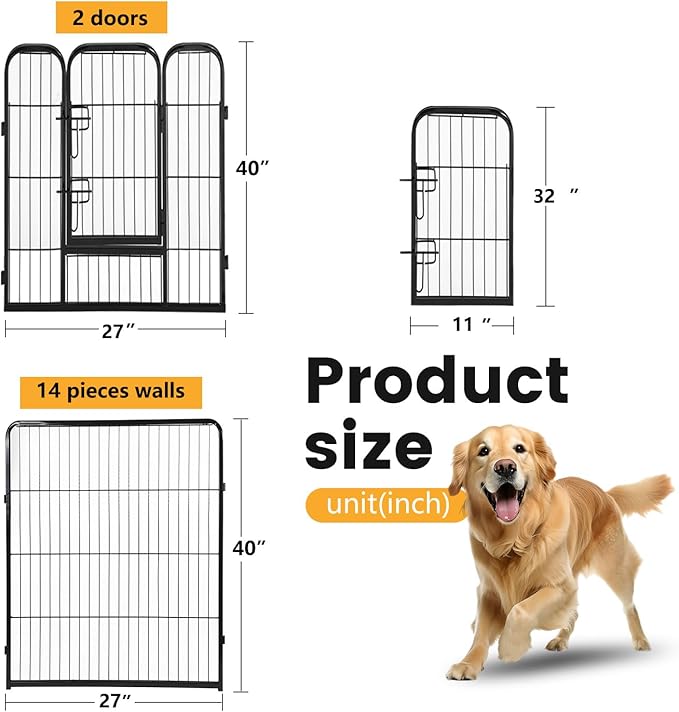 FDW Dog Playpen Dog Pen 16 Panels 40 Inch Hight Indoor Outdoor Folding Metal Portable Puppy Exercise Pen Heavy Duty Dog Fence for Yard Camping,Black