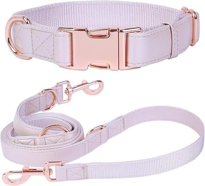 Soft Leather Dog Collar and Leash (6.6') Set - Stylish Rose Gold Heavy Duty Metal Buckle, 4 Adjustable Lengths Leash for Small Medium Large Dogs - Comfortable & Easy to Clean XS(8"-12"), Gold Pink