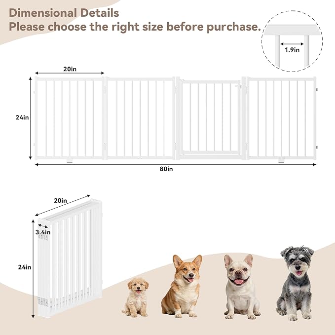 SNUOWU Full Metal Freestanding Dog Gate with Door, 24'' Height Foldable Pet Dog Fence for Indoor & Outdoor, 4 Panels Extra Wide Free Standing SmallDog Gates for Doorways,House,Stairs,Porch,Deck,Yard