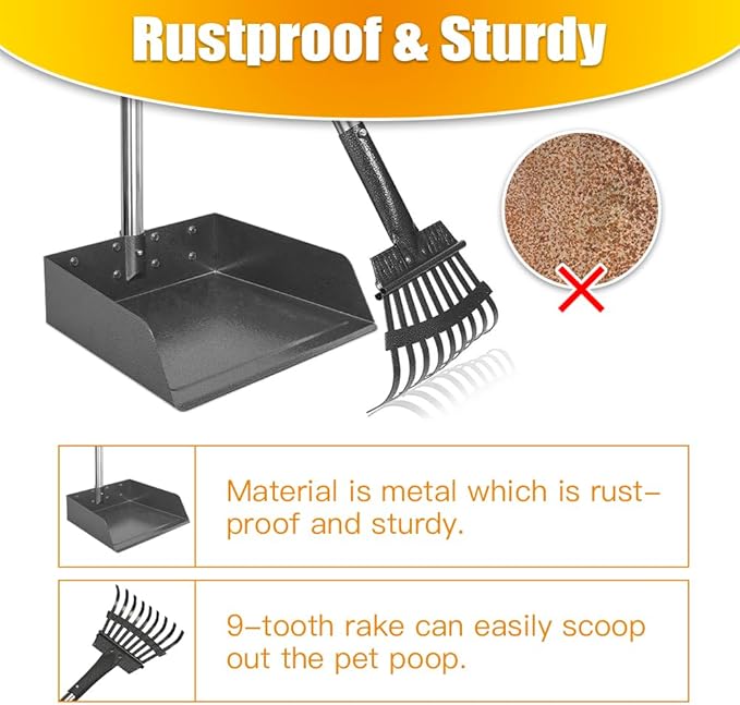 TOOGE Larger Pooper Scooper for Large Dogs, Dog Pooper Scooper for Large Medium Small Dogs Long Handle Stainless Metal Tray and Rake Set Heavy Duty
