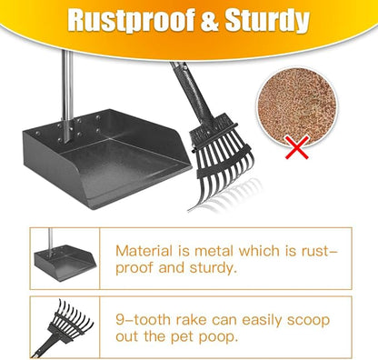 TOOGE Larger Pooper Scooper for Large Dogs, Dog Pooper Scooper for Large Medium Small Dogs Long Handle Stainless Metal Tray and Rake Set Heavy Duty