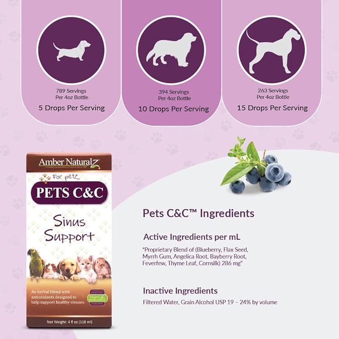 Amber NaturalZ Pet C&C Herbal Supplement for Dogs, Cats, Birds, Guinea Pigs, and Rabbits | Pet Herbal Supplement for Healthy Sinus | 4 Fluid Ounce Glass Bottle |Manufactured in The USA
