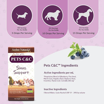 Amber NaturalZ Pet C&C Herbal Supplement for Dogs, Cats, Birds, Guinea Pigs, and Rabbits | Pet Herbal Supplement for Healthy Sinus | 4 Fluid Ounce Glass Bottle |Manufactured in The USA