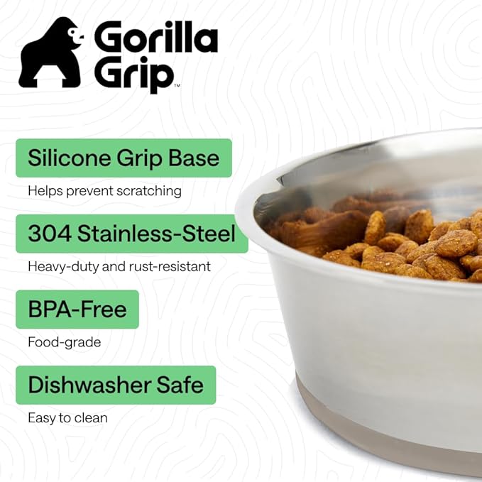 GORILLA GRIP Dog Bowls, Food Grade 304 Stainless Steel, Holds 2 Cups Each (16 fl oz) Food and Water Bowl for Feeding Dogs and Cats, Dishwasher Safe, Rust Resistant, BPA Free Rubber Base Set of 2 Beige