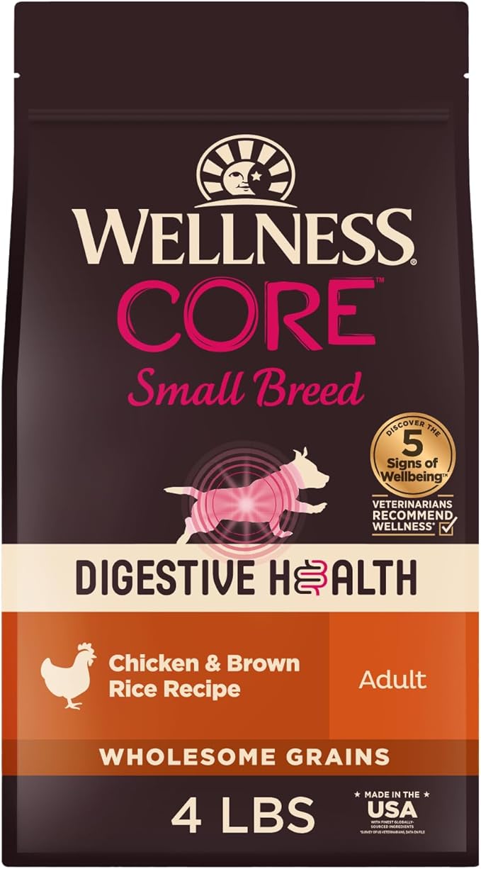 Wellness CORE Digestive Health Dry Dog Food, Small Breed, Wholesome Grains, Natural, Recipe for Dogs with Sensitive Stomachs, Chicken, (4-Pound Bag)