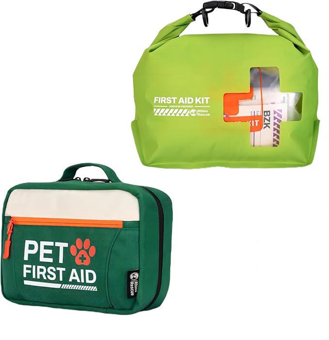 RHINO RESCUE Bundle - Pet First Aid Kit, Emergency Medical Supplies for Dogs & Cats, Safety Essentials Pack with Thermometer+Waterproof First Aid Kit, Lightweight Boat Dry Bag
