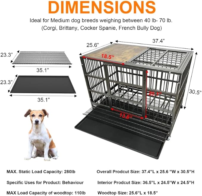 BOLDBONE 38" Furniture Dog Crate for Large Dogs, Heavy Duty Dog Kennel Indoor with Removable Crate Trays, Wheels and Stylish Wooden Top, Extra Large XL XXL Dog Cage, Woodtoop