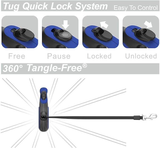 TUG 360° Tangle-Free Retractable Dog Leash with Anti-Slip Handle | 16 ft Strong Nylon Tape | One-Handed Brake, Pause, Lock (Medium, Blue)
