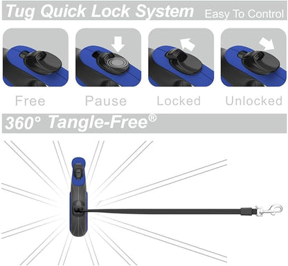 TUG 360° Tangle-Free Retractable Dog Leash with Anti-Slip Handle | 16 ft Strong Nylon Tape | One-Handed Brake, Pause, Lock (Large, Blue)