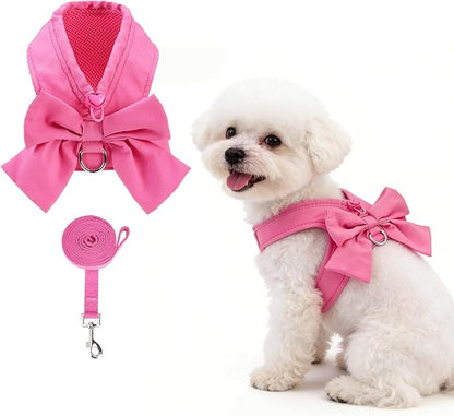KOOLTAIL Small Dog Harness and Leash Set, Cute Puppy Vest Harnesses with Bowtie for Girl Outfit, Step in No Pull Soft Mesh Padded Adjustable Pet Harness for Extra-Samll Medium Dogs Cats, XS S, Pink M