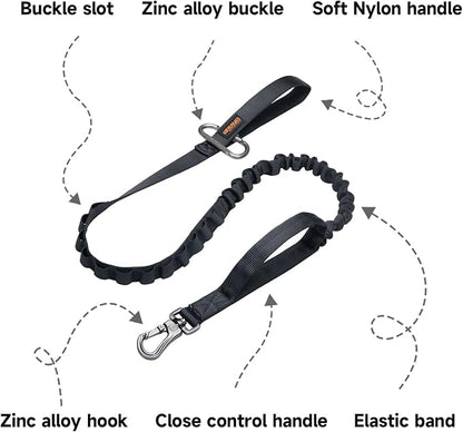 EXCELLENT ELITE SPANKER Tactical Bungee Dog Leash Military Adjustable Dog Leash Quick Release Elastic Leads Rope with 2 Control Handle(Black