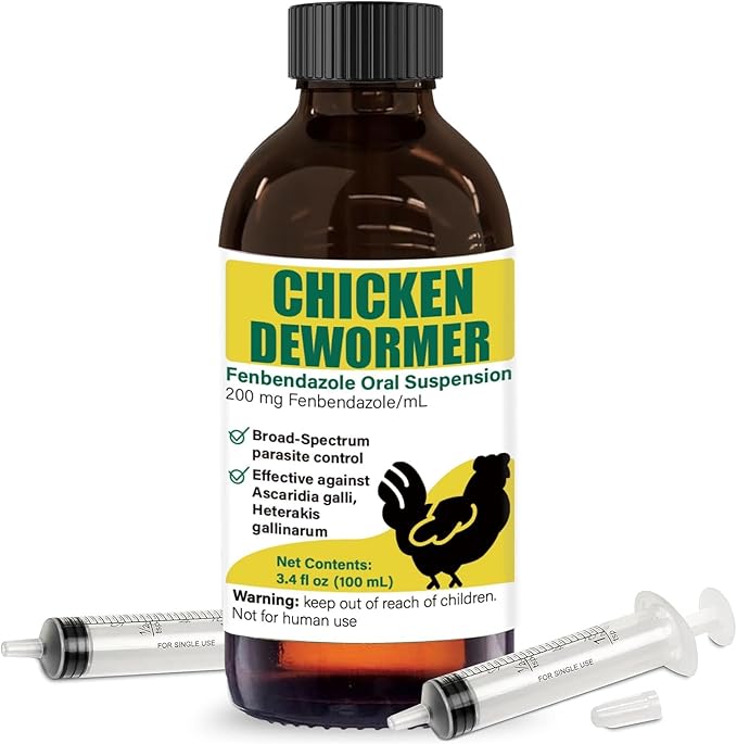 Dewormer for Chickens, Poultry, Fenbendazole for Chicken Dewormers, Tapeworms, Roundworms & Hookworms, with Measuring Syringe, 100ml