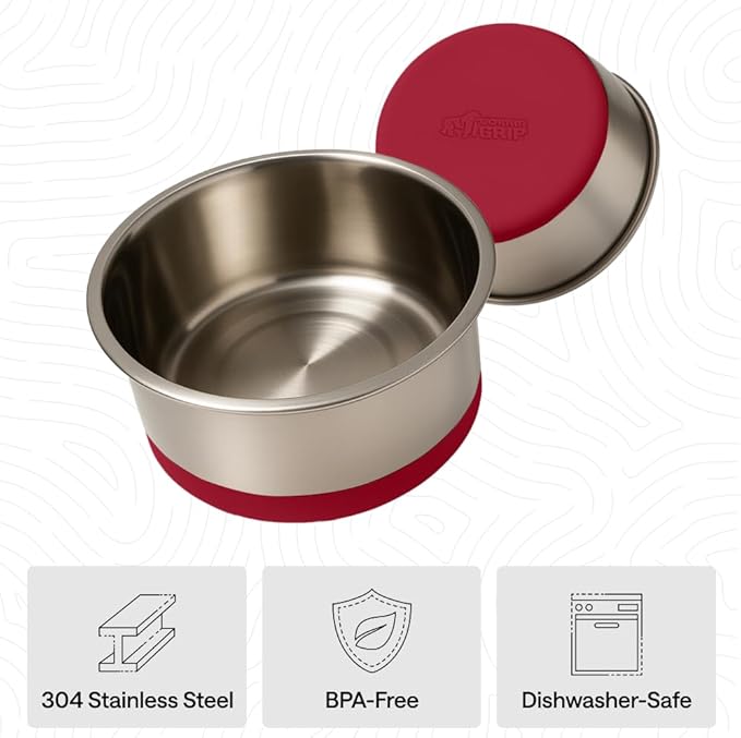 GORILLA GRIP Dog Bowls, Food Grade 304 Stainless Steel, Holds 2 Cups Each (16 fl oz) Food and Water Bowl for Feeding Dogs and Cats, Dishwasher Safe, Rust Resistant, BPA Free Rubber Base Set of 2 Red