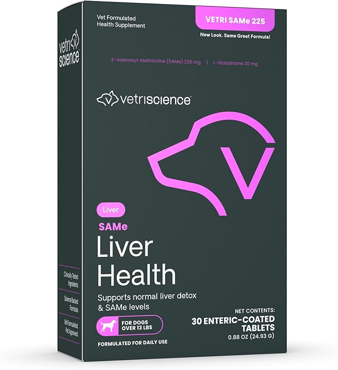 VetriScience SAMe Liver Health Tablets, 225 mg S-Adenosyl-Methionine Liver Health and Detox Supplement for Medium and Large Breed Dogs, Glutathione Antioxidant Liver Support, 30 Count