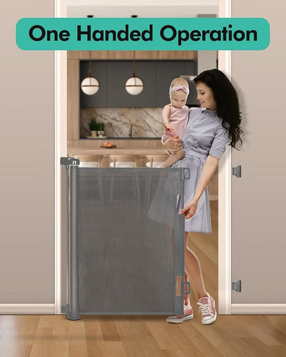 Retractable Baby Gates, Mesh Dog Gate for Doorways, 33.6" Tall, Expands to 71" Wide,Pet Safety Essential Fit for Baseboards, Wide Toddlers Gates for Hallways, Indoor & Outdoor,Grey