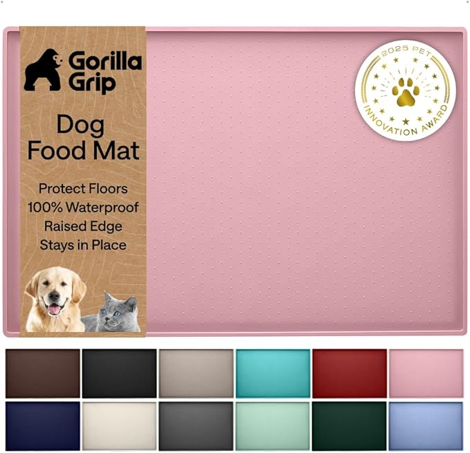 GORILLA GRIP 100% Waterproof Raised Edge BPA Free Silicone Pet Feeding Mat, Dog Cat Food Mats Contain Spills Protects Floors, Placemats for Cats and Dogs Water Bowl, Pets Accessories 32x24 Pink