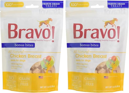 Bravo! Bonus Bites Dog Treats Freeze Dried Chicken Breast - All Natural - Grain Free - 3 oz (Pack of 2)