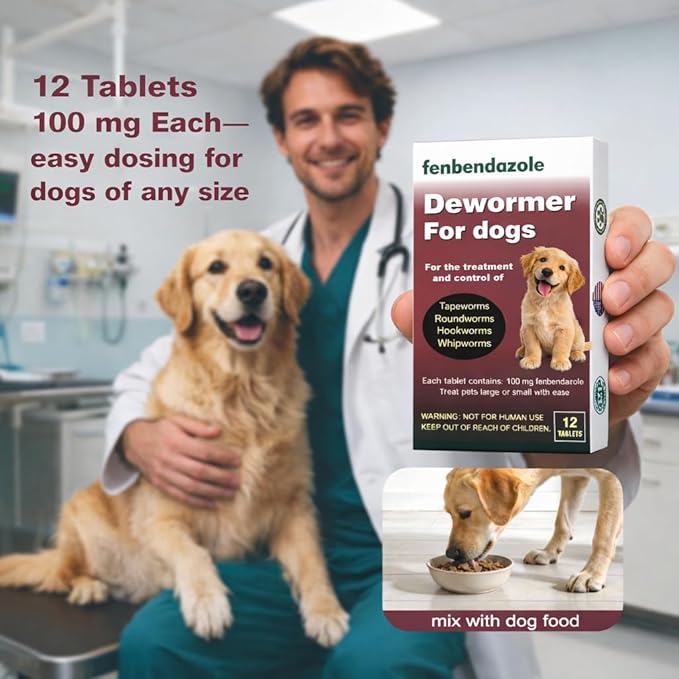 Dewormer for Dogs, Fenbendazole for All Wormers, Hookworms, Tapeworms, Whipworms and Roundworms, 12 Count