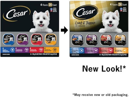 Cesar Loaf in Sauce Wet Dog Food Rotisserie Chicken,Filet Mignon,Angus Beef,and Ham & Egg Flavors Variety Pack,Wet Food for Dogs,3.5 oz Easy Peel Trays,24 Count (Pack of 2)